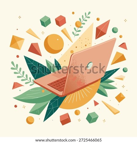 The image is a modern, stylized vector illustration featuring a coral-colored laptop as the central focus. It is surrounded by large green leaves, abstract geometric shapes (cubes, pyramids, spheres, cones) in various muted colors like green, red, orange, and yellow. The overall aesthetic is one of "modern aesthetics and conceptual designs", blending technology with organic and abstract elements on an off-white background. 