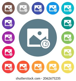 Image modified time alternate flat white icons on round color backgrounds. 17 background color variations are included.