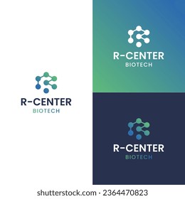 The image of the molecule forms a centered letter R. Modern and unique, very suitable for use as a bio tech logo.