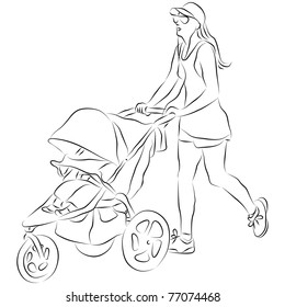 An Image Of A Mom Pushing A Baby Stroller.