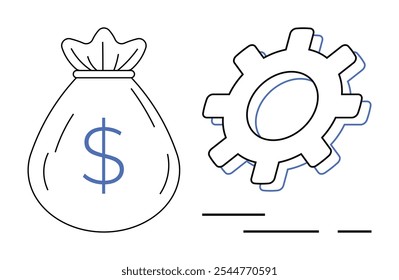 An image of a money bag with a dollar symbol next to a gear. Ideal for finance, investment, economics, business, and productivity. Simple line art style accentuated with blue highlights for emphasis