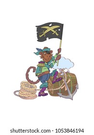 Image of a monkey with a flag in pirate clothes