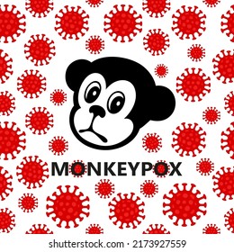 Bild eines Affenlogos mit Viruszellen auf weißem Hintergrund mit der Aufschrift monkeypox. Vektorgrafik