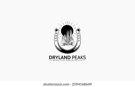 The image is a monochromatic logo featuring a desert landscape enclosed in a horseshoe shape, with the sun overhead.