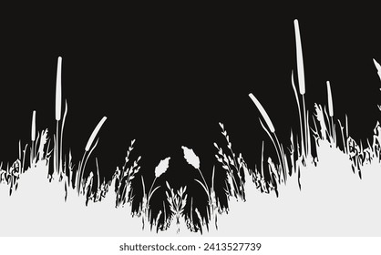 Image of a monochrome reed,grass or bulrush on a white background.Isolated vector drawing.Black grass graphic silhouette.