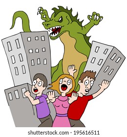 An image of a monster destroying city while people run.