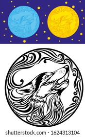 Image of the moon with a howling wolf. It can be used to create a logo, tattoo, sign.