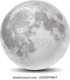 Image of the Moon with spots of seas and mountains on a white background. Realistic illustration.
