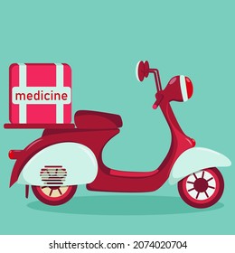 Image of a moped with a box with medical products for medicine delivery. Online delivery service. Bright illustration in red and turquoise colors. Vector illustration