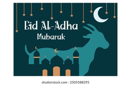 Image of mosque and goat in silhouette with glowing lantern for eid al adha mubarak. flat vector modern illustration 