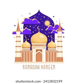 Image of a mosque with minarets and a starry sky. Decorative composition for celebrating Ramadan. Holy holiday of Muslims. Religious event. Vector illustration.