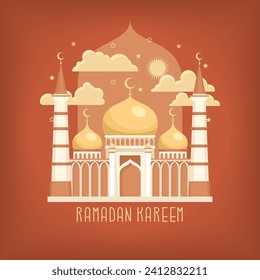 Image of a mosque with minarets and a starry sky. Decorative composition for celebrating Ramadan. Holy holiday of Muslims. Religious event. Vector illustration.