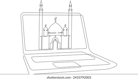 Bild einer Moschee auf einem Laptop-Bildschirm. Islamisches religiöses Gebäude. Religion im Internet. Eine durchgehende Linienzeichnung. Linear. Handgezeichnet, weißer Hintergrund. Eine Zeile