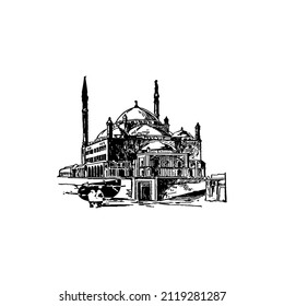 
image of mosque in turkey area, vector with vintage outline or simple illustration.