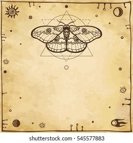  Image of a moth. Geometrical figures, space symbols, ancient manuscript. Background - imitation of old paper, the place for the text. Vector illustration.
