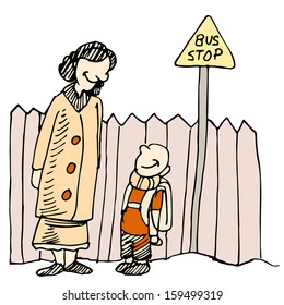 An image of a mother and child waiting at a bus stop.