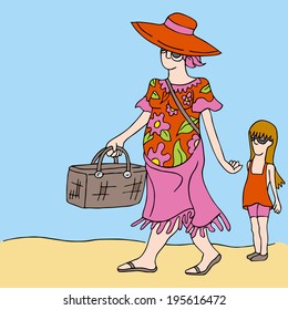 An image of mother and daughter at the beach for a picnic.