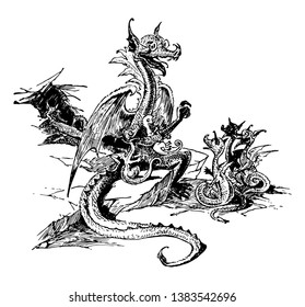 An image of a Mother dragon caring and playing with her baby dragons, vintage line drawing or engraving illustration.