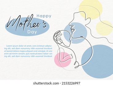 Imagen de la madre con su bebé en un estilo de arte en línea y frases del día de la madre, ejemplos de textos sobre los colores círculo y fondo de patrón de papel blanco. Tarjeta de saludo del Día de la Madre en diseño vectorial.