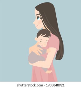 image of a mother holding a baby in her arms. young girl with long hair cradles a child.
stock isolated illustration on blue background for printing on postcards, websites,shop advertising in cartoon