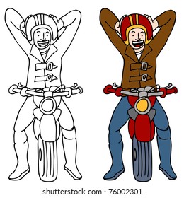 An image of a motorcycle rider putting on his helmet.