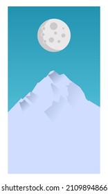 Image of a mountain landscape in white and with the moon shining. Used for illustrations and wall drawings