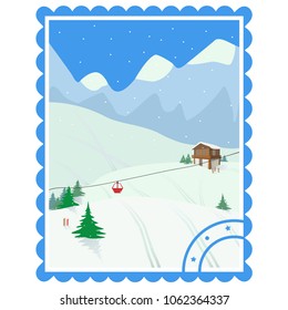 An image of a mountain snowy landscape with ski slopes, a cable car, and a house. vector color drawing in the form of a vintage postage stamp.