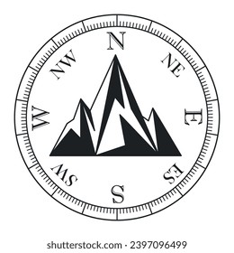 An image of mountains and a compass . Adventure expedition logo.