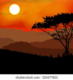 Image Mountains, Landscape, Trees. Abstract Eco Banner. Vector Illustration. EPS10