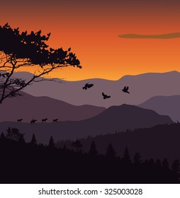 Image Mountains, Landscape, Trees. Abstract Eco Banner. Vector Illustration. EPS10