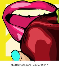 imagen de una boca que está a punto de morder una manzana roja.