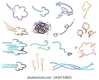 Image of moving wind, emotions and speech bubbles, various color sets of comic notes