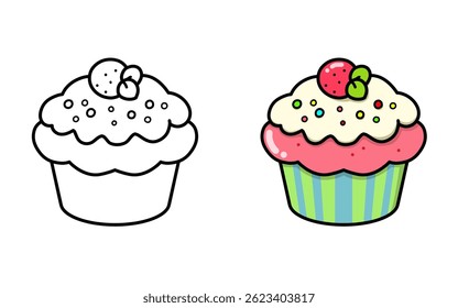 Imagem de ilustrações de bolo de muffin de creme com duas variações diferentes, adequadas como ícones, logotipos e adesivos.