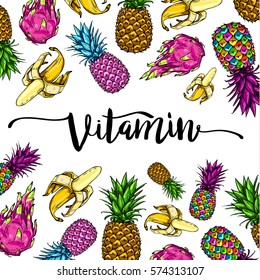 Image with multicolored fruit lettering vitamin on white background, pineapples, bananas, dragon fruit. Print t-shirt, graphic element for your design. Vector illustration.