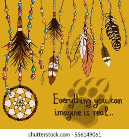 Image multiolored beads and feathers on the yellow background. Vector.