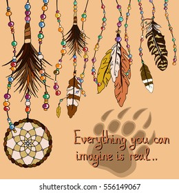 Image multiolored beads and feathers on a pale pink background. Vector.