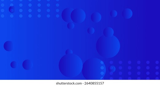 Image of multiple blue vibrant balls moving in hypnotic motion in seamless loop with rows of white dots on gradient blue background. Colour and movement concept digitally generated