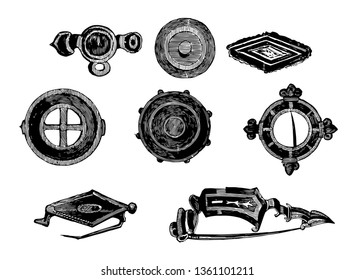 Imagen con múltiples clavijas mamarias usadas por soldados, dibujo vintage o ilustración grabadora.