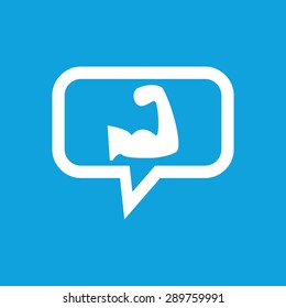 Image of muscular arm in chat bubble, isolated on blue