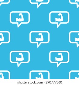 Image of muscular arm in chat bubble, repeated on blue background