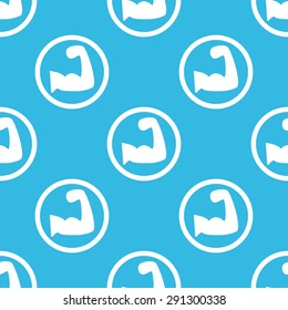 Image of muscular arm in circle, repeated on blue background