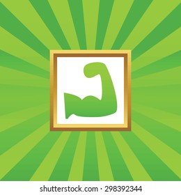 Image of muscular arm in golden frame, on green abstract background