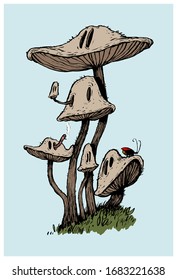 Image of a mushroom family with a bug and a worm, calligraphy. Color vector illustration. Can be used in social networks, for articles, publications, postcards, print, poster, sticker, on a T-shirt.