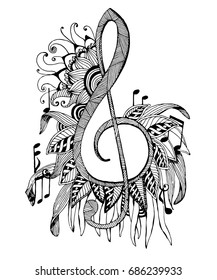  Image of music treble clef icon, musical background with notes and floral. Black and white.
