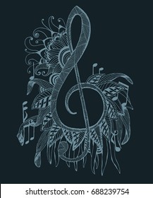  Image of music treble clef icon, musical background with notes and floral. Chalk on a blackboard
