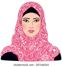 Bild eines muslimischen Mädchens in rosa-weißem Hijab gekleidet. 