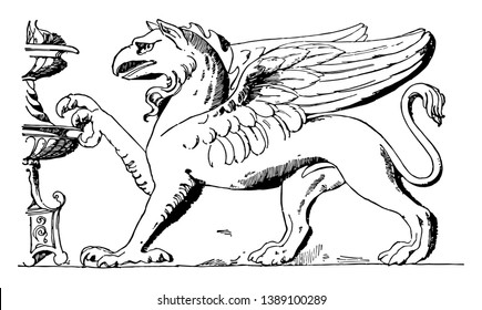 An image of mythical Roman Griffin. Griffin is a mythical creature with the head and wings of an eagle and the body of a lion, vintage line drawing or engraving illustration.