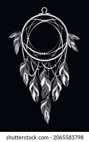 The image is a negative of a dreamcatcher on a black background. Black and white illustration of the boho symbol. Indian dreamcatcher.