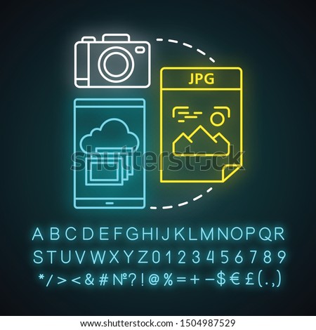Image neon light concept icon. Visual information idea. Pictures and photos. Files storage. Albums, photobooks. Glowing sign with alphabet, numbers and symbols. Vector isolated illustration