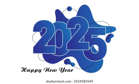 The image is a New Year greeting card featuring the year 2025 in blue numbers on a white background with a blue gradient abstract shape and Happy New Year below






